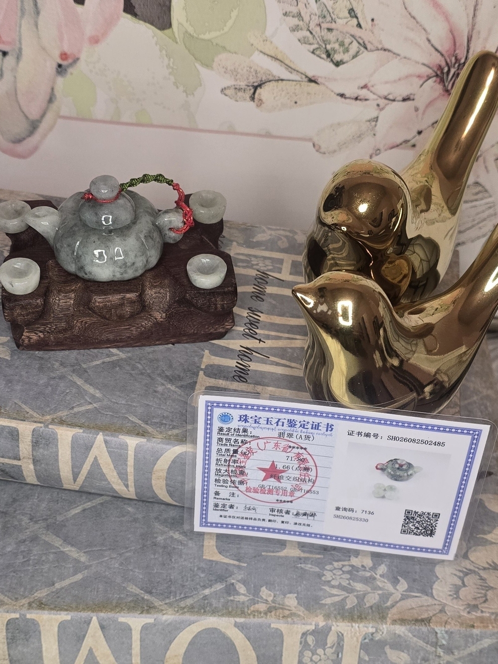Grade A Natural Jade Miniature Teapot Figurine with Tea Set Display - Green